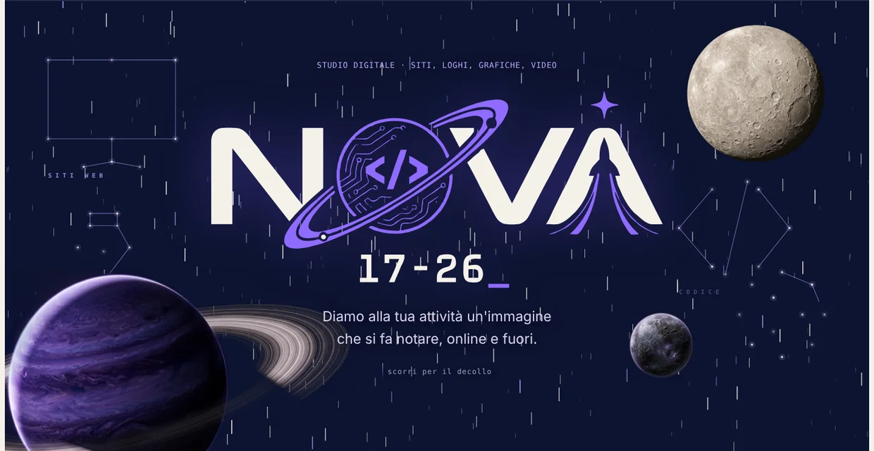 Apertura del sito NØVΛ: logo tra stelle, pianeti e costellazioni